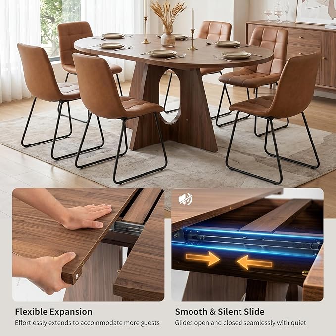 HIPIHOM Modern Round Expandable Dining Table Set for 6, 43.3"-59" Walnut Kitchen Table with 6 PU Leather Chairs, 7-Piece Mid-Century Dining Room Set