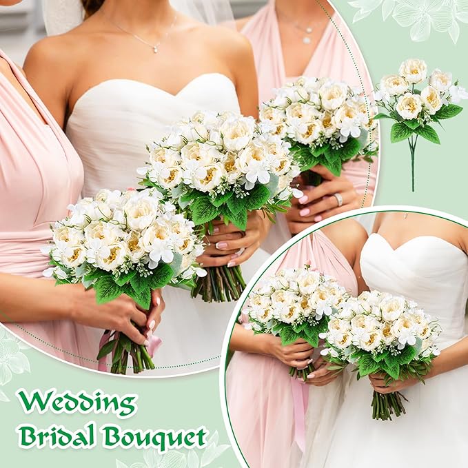 Olgaa 12 Bundles Peonies Artificial Flowers Fake Peony Bouquet Faux Peonies Flowers Bulk with Stems Flower Balls for Centerpiece Table Decorations Wedding Bridal Floral Arrangement (White)