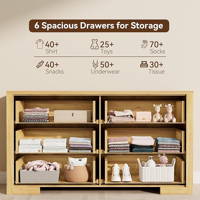 6 Drawer Dresser for Bedroom, 54" Wide Chest of Drawers with Metal Handle, Modern Storage Dressers Organizer for Living Room, Hallway, Natural Oak
