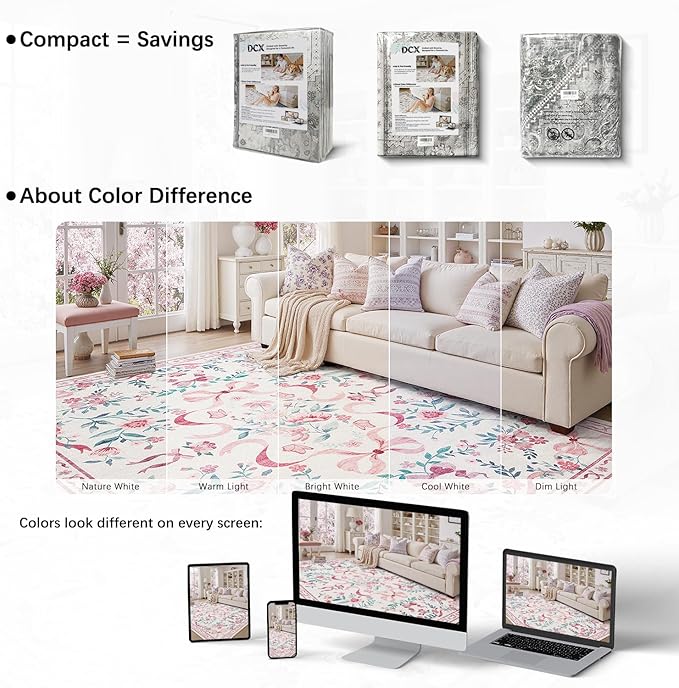 DCX Washable 5x7 Bow Rug, Pink Floral Rug for Girls’ Bedroom, Cute Soft Low Pile Indoor Décor Carpet, Kid & Pet Friendly Nursery Rug for Living Room, Dorm, Playroom