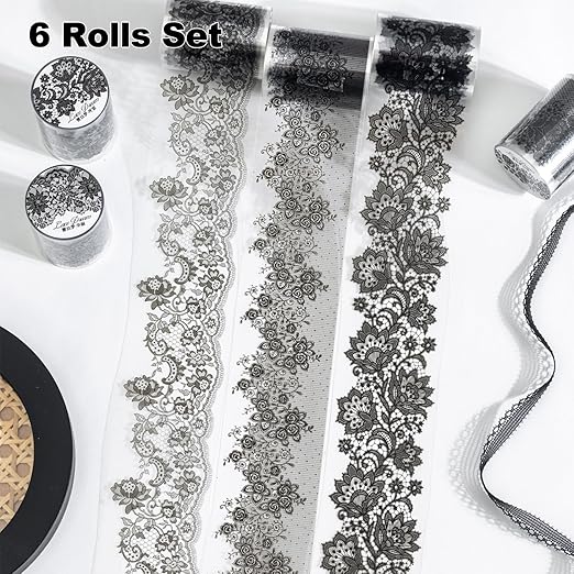 AuriicLeaf Lace Dream PET Tape Set, 6 Rolls of Elegant Floral Stickers for Scrapbooking, Journaling, DIY Crafts, and Art Supplies
