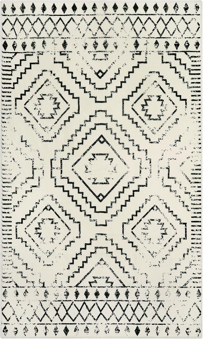 Wonnitar Moroccan 3x5 Area Rug, Washable White Non-Slip Entry Rug, Farmhouse Rustic Small Living Room Rug Tribal Non-Shedding Throw Mat Indoor Floor Carpet for Kitchen Bedroom Mud Room (Beige,3'x5')