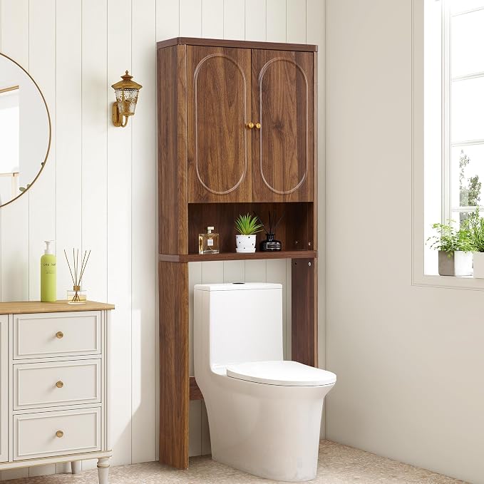 ORRD Fluted Over The Toilet Storage Cabinet, Bathroom Toilet Storage Cabinet with Door, Wood Curved Over The Toilet Space Saver Cabinets for Restroom Bathroom, Walnut