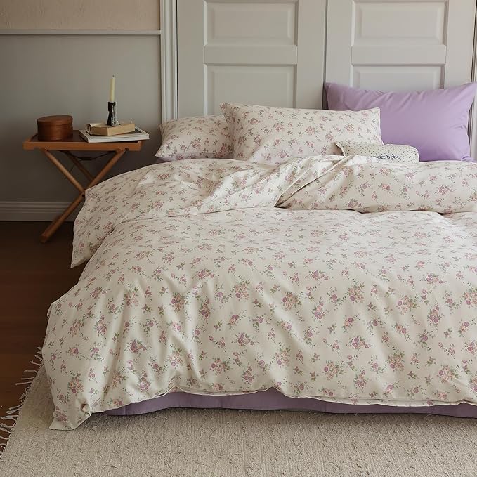 EAVD Vintage Style Pink Purple Floral Duvet Cover King Soft White Soft Cotton Chic Garden Floral Bedding Set with 2 Pillowcases Reversible Floral Print Comforter Cover with Zipper Closure