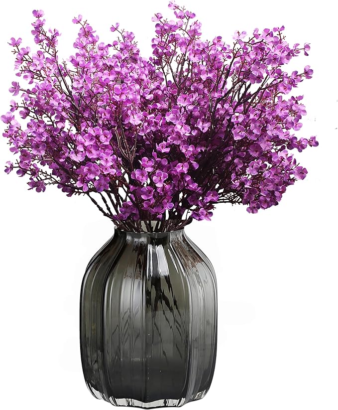 10pcs Babys Breath Artificial Flowers With Vase Gypsophila Bouquet Bulk Fake Spring Silk Flowers Real Touch Faux Floral for Home Bedroom Kitchen Garden Wedding Christmas DIY Decor (Purple)