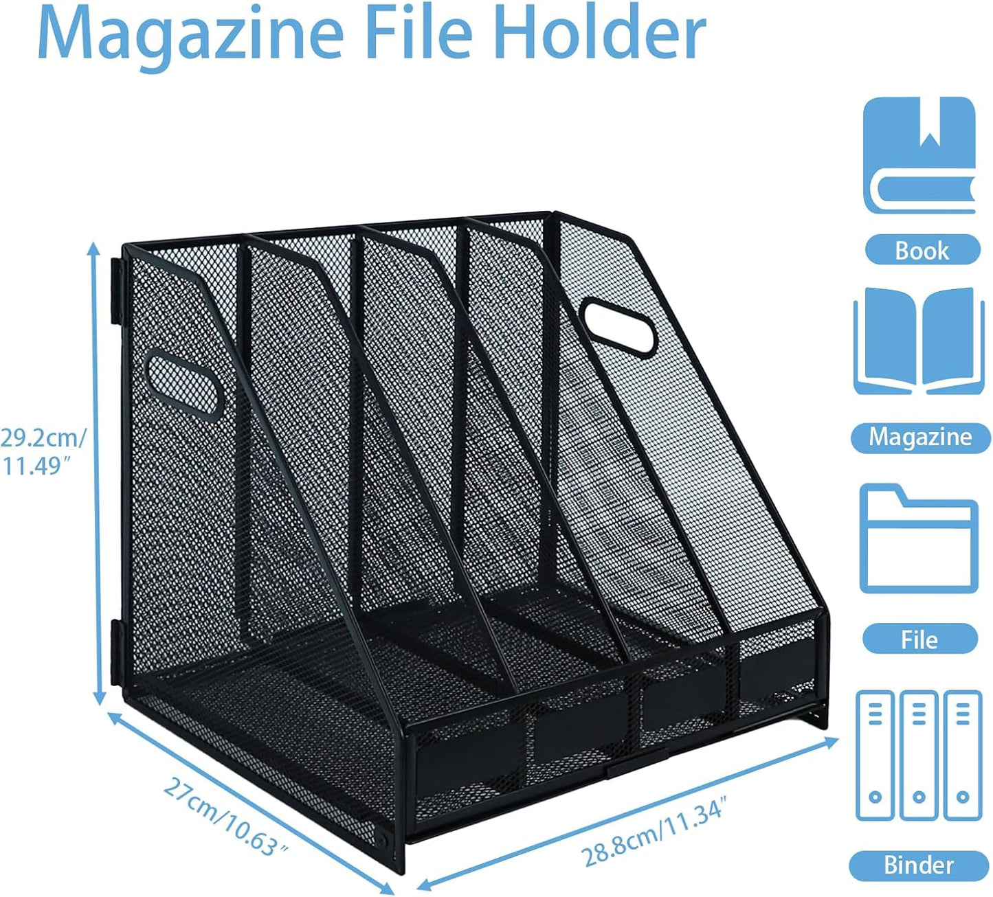 Skiennix Metal Magazine File Holder - Stylish Desktop Organizer with 4 Vertical Compartments for Home & Office