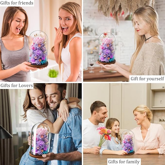 Flowers for Delivery - Forever Flowers Rose in Glass Dome with LED Lights, Large Size Preserved Roses Gifts for Women, Mom, Wife, Friend -Birthday, Anniversary, Valentine's Day Gift (Pink + Purple)