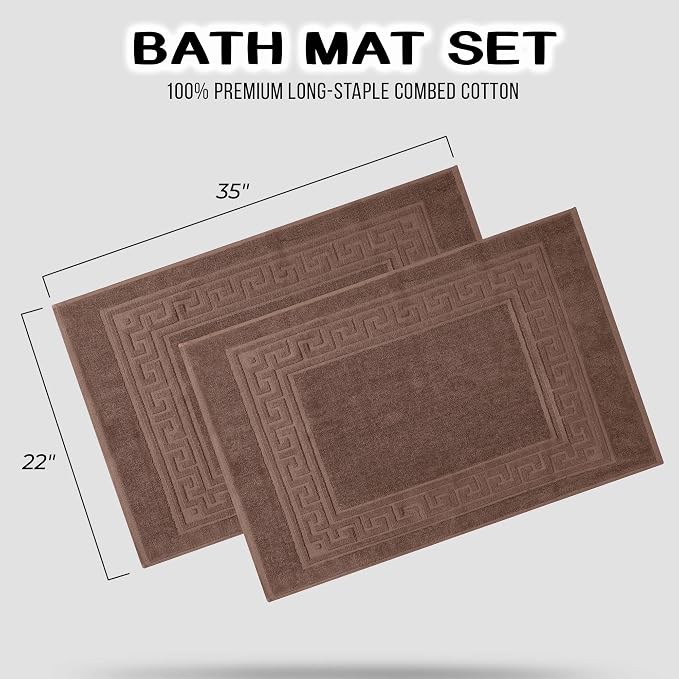 Superior Heavyweight Cotton Bath Mats, Bath Rugs For Bathroom Accessories, Washable Rug For Shower, Bath, Toilet, Modern Decor, No Backing, Luxury Hotel And Spa Quality, Set of 2, 22" x 35", Mocha