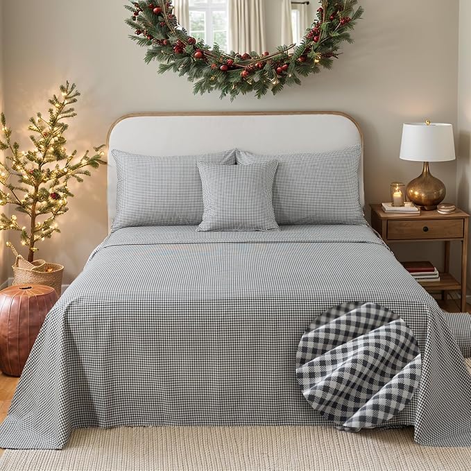 FADFAY Black Plaid Twin XL Size Sheets 100% Cotton Geometric Checker Bedding Teens Grid White Gingham Pattern College Bedding Deep Pocket Sheets with 2 Pillowcases Ultra Soft 4pcs, Twin Extro Long