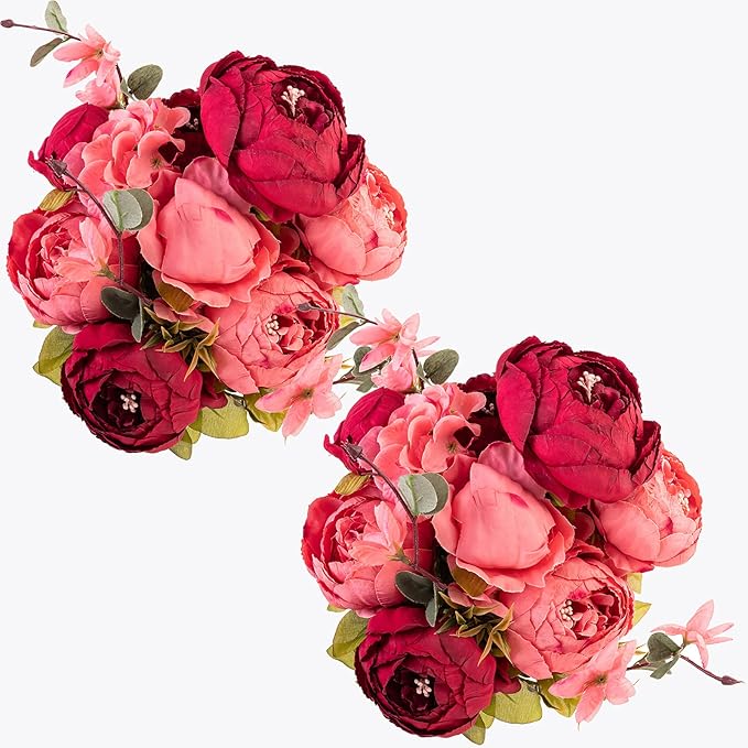 Fule 2 Pack Large Artificial Peony Silk Flower Bouquets Arrangement Wedding Centerpieces (New Dark Red)