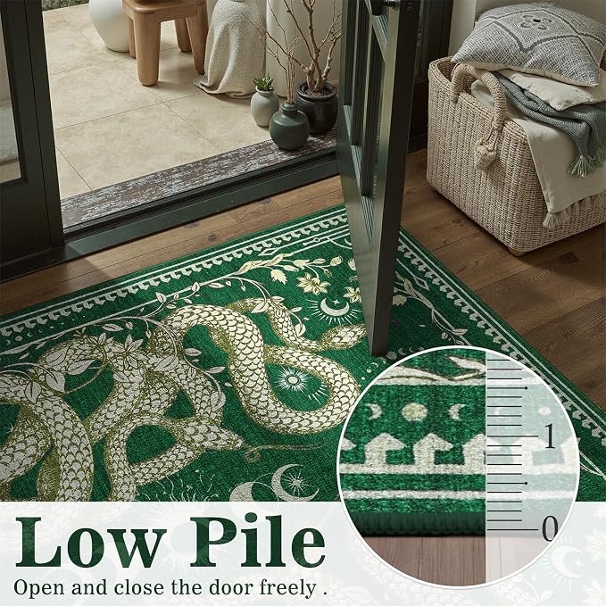DCX Washable 2x6 Snake Runner Rug, Green Gothic Rug for Living Room, Soft Low Pile Carpet, Kid & Pet Friendly with Rubber Back Non Slip, Stain Resistant Rug for Bedroom Dining Room Office