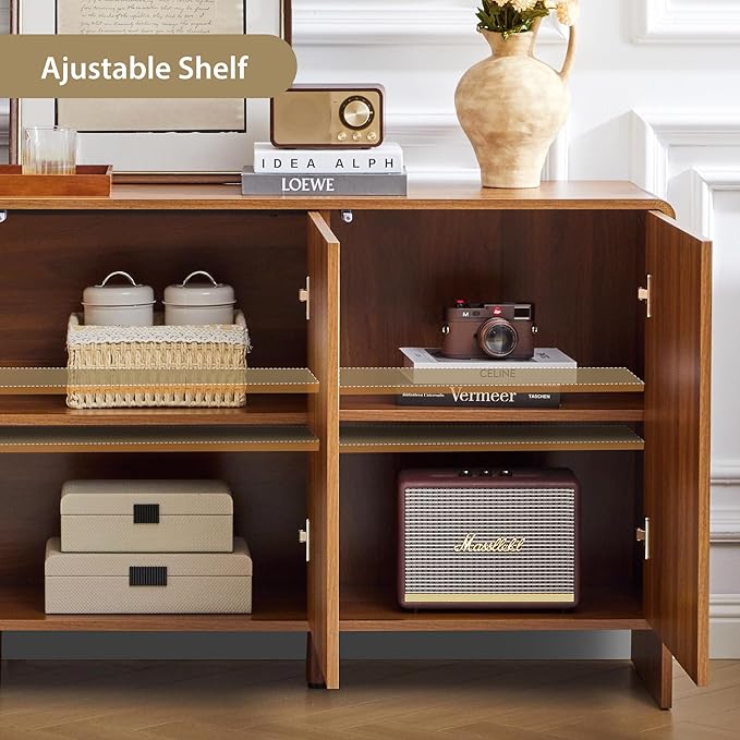 59" Sideboard Buffet Cabinet with Storage, Wood Arched Storage Cabinet with 3 Doors and Adjustable Shelf, Large Curved TV Console Accent Cabinet for Living Room Hallway Kitchen Dining Room, Walnut