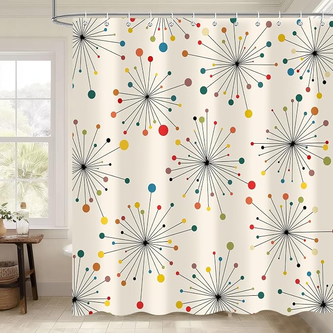 Mid Century Modern Shower Curtain, Vintage Geometric Atomic Abstract Retro Style Beige Boho Art Aesthetic Design Bath Curtains for Bathroom Decor with Hooks, 72"x72" Inch