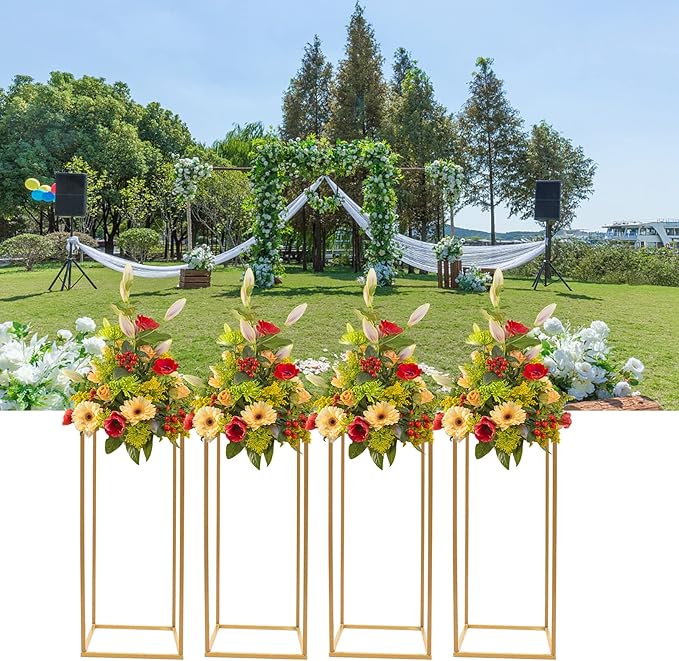 4PC 23.6" Flower Stand for Wedding Metal Cylinder Stands for Party Rectangular Gold Centerpieces Flower Vase Gold Pedestal Columns for Weddings Indoor Outdoor Flower Plant Stand Decoration