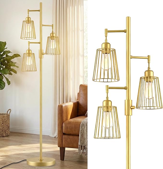 PESRAE Dimmable Industrial Floor Lamp, Farmhouse Floor Lamp Standing Tree Lamp with 3 Elegant Teardrop Cage Heads & Included 3 x 1200LM Edison LED Bulbs, Tall Lamp for Living Room, Bedroom (Gold)