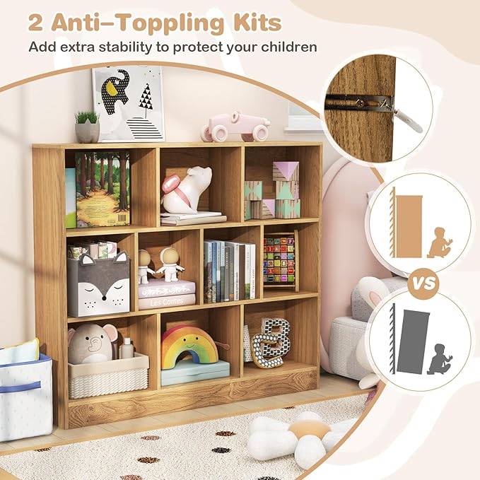 HONEY JOY Kids Toy Storage Organizer, 10-Section Wooden Floor Storage Cabinet, 41” Daycare Toy Chest, 3-Tier Kids Display Bookshelf for Classroom, Playroom & Nursery, Kindergarten (Natural)