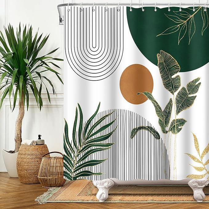 Mid Century Boho Modern Shower Curtain for Bathroom Abstract Sun Arch Geometric Leaves Minimalist Shower Curtain Set Waterproof Polyester Fabric 72x108 Inches
