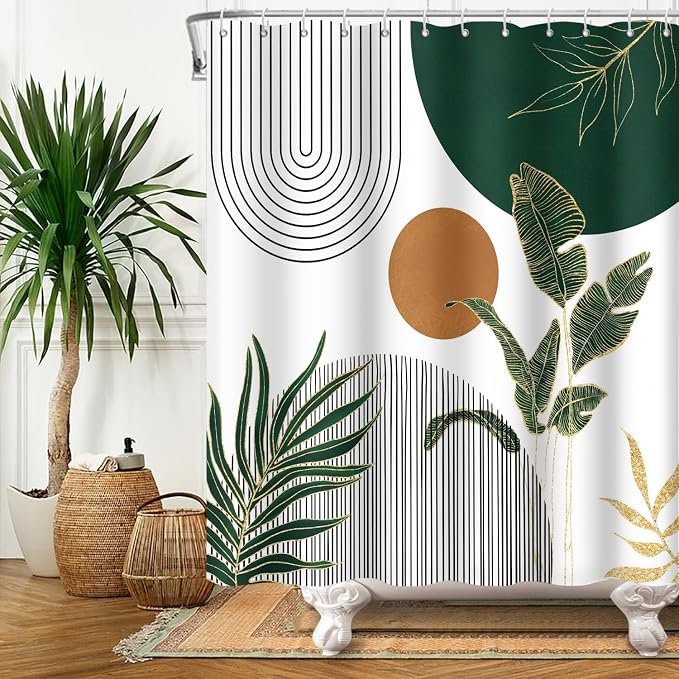Mid Century Boho Modern Shower Curtain for Bathroom Abstract Sun Arch Geometric Leaves Minimalist Shower Curtain Set Waterproof Polyester Fabric 69x70 Inches