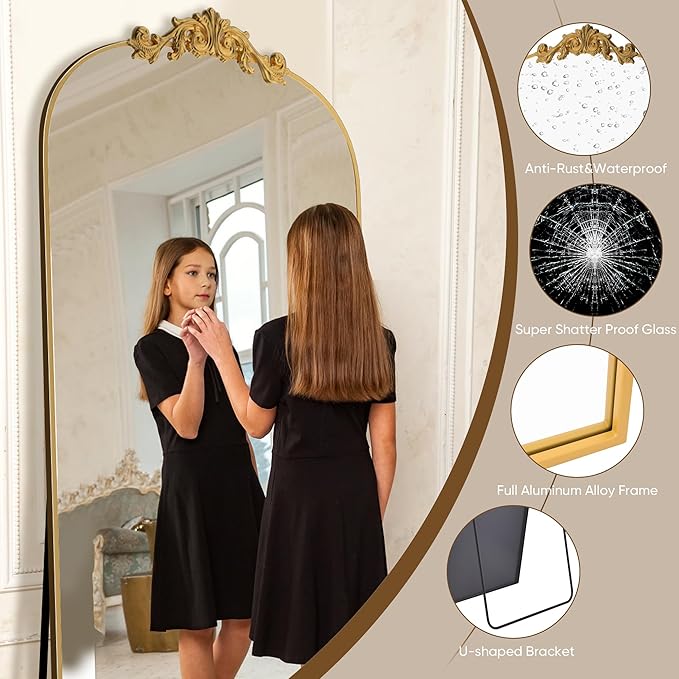 Antok Arched Full Length Mirror, 82"x44" Floor Mirror with Carved, Full Body Mirrors for HomeDecor, Standing/Halling Large Wall Mirror for Bedroom, Living Room, Cloakroom, Gold, Retro Style