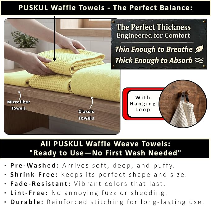 PÜSKÜL 4-Piece Natural 100% Turkish Cotton Luxury Waffle Towels for Bathroom | Premium Honeycomb Weave 2 Hand Towel & 2 Bath Towel Set | Soft Absorbent Quick-Dry Lightweight Towels (Light Yellow)