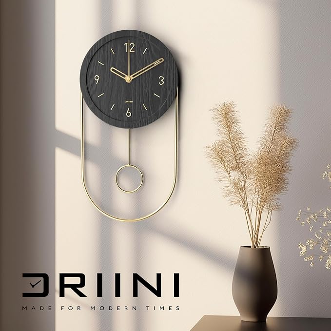 Driini Decorative Wall Clock with Pendulum (Black) – Modern Wood, 3D Gold Numbers, Metal Frame – Small, Unique Wall Clocks for Living Room Decor or Bathroom - Battery Operated, Silent, Non-Ticking