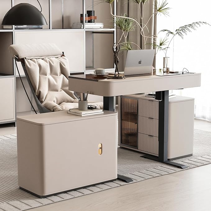 Lartis Office Desk, Electric Standing Desk with Built-in Outlets, Tempered Glass Top Modern Office Computer Desk with 2 Side cabinets (Pale Pink, 47)