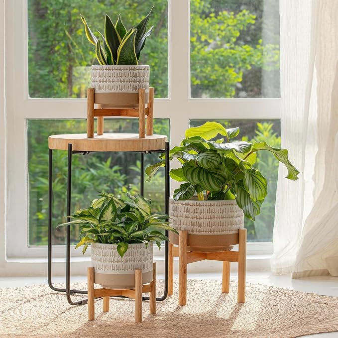 LA JOLIE MUSE Ceramic Plant Pot with Stand - 7.3 Inch Decorative Cylinder Flower Pot with Wood Planter Holder for Indoor, Yellow & White