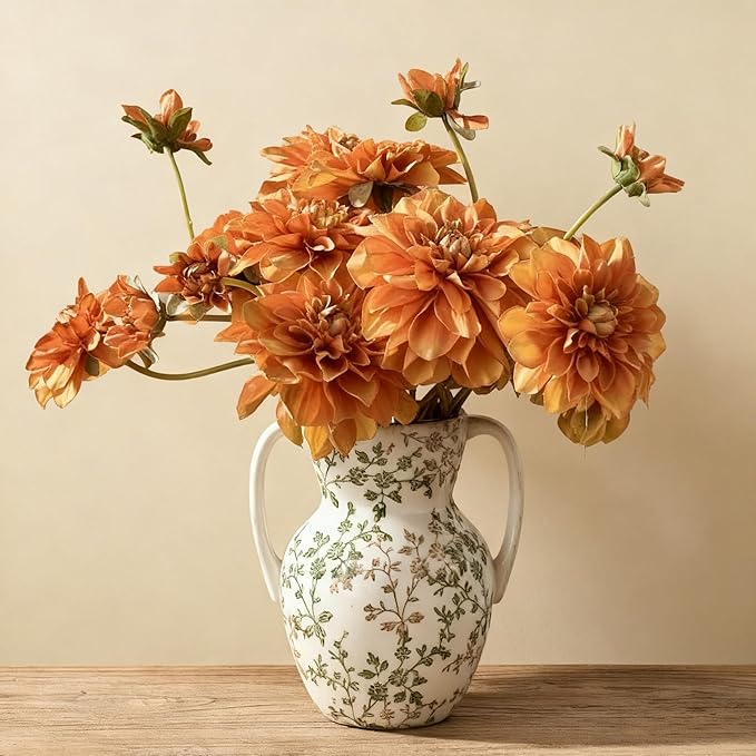 Green and Beige Farmhouse Vintage Vase with 2 Handles, Chinoiserie Floral Vase, Rustic Ceramic Vases for Home Decor, Wedding, Living Room, Table, Shelf Decor - 8.3 Inch Tall