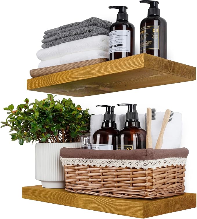 BGMG Wood Floating Shelves for Wall 16 Inch Set of 2, Rustic Wooden Wall Mount Shelves for Living Room Bedroom Kitchen Farmhouse - 16x6.7x1.25 Inch - Gold Oak