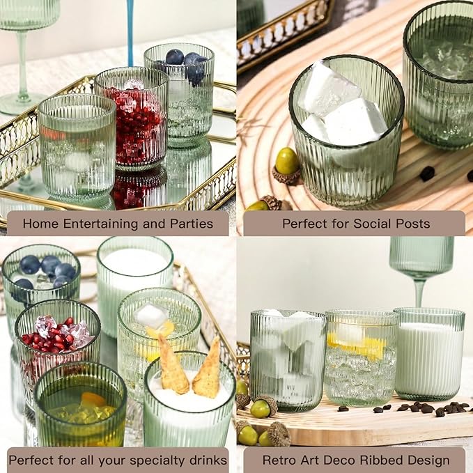Green Ribbed Highball Glasses Set of 6, 8.5oz Sage Green Vintage Glassware, Drinking Glasses for Water, Juice, Coffee, Cocktails, Green Glass Cups, Housewarming & Christmas Gift