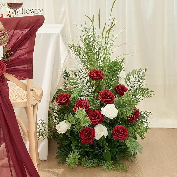 20PCS Artificial Dark Red Roses, 3.9'' Silk Flower Head Fake Red Rose with Long Stems, Realistic Faux Roses Bouquet for Mother's Day DIY Wedding Home Party Office Decoration