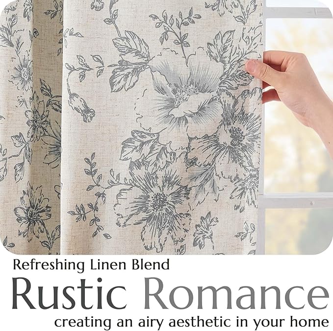 jinchan Blackout Linen Blend Curtain Grey Floral Blackout Curtains for Living Room 63 Inch Length Gray Printed with Lined Blackout Curtain for Bedroom Farmhouse Curtains Set 2 Panels