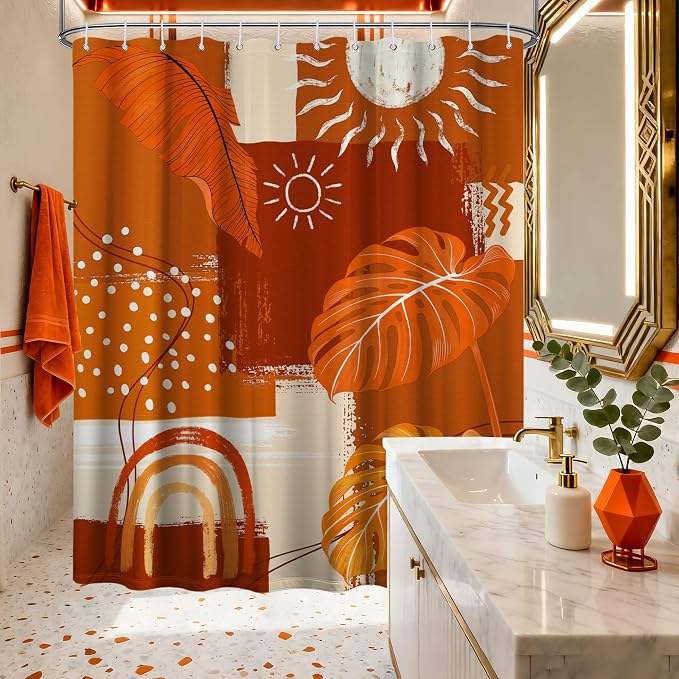 Burnt Orange Mid Century Modern Shower Curtain Boho Abstract Leaf Shower Curtains for Bathroom Decor Sets, Waterproof Cloth Fabric with Hooks, 60x72 Inch