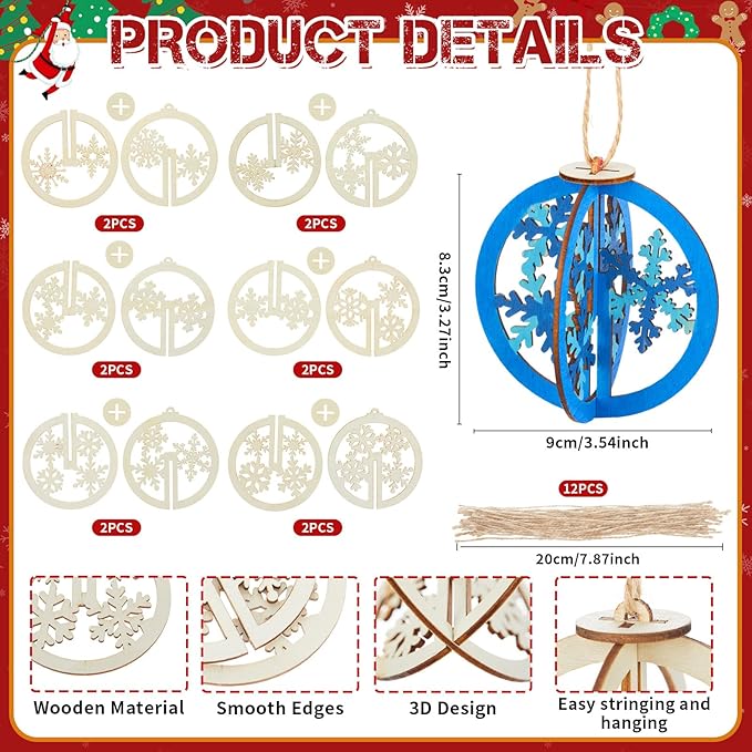 Chunful 24 Pcs DIY Christmas Wooden Ornaments 3D Unfinished Wood Crafts to Paint Christmas Hanging Cutouts Blank Hollow Wood Santa Reindeer Snowman Slice for Xmas Tree Decorations(Snowflake)