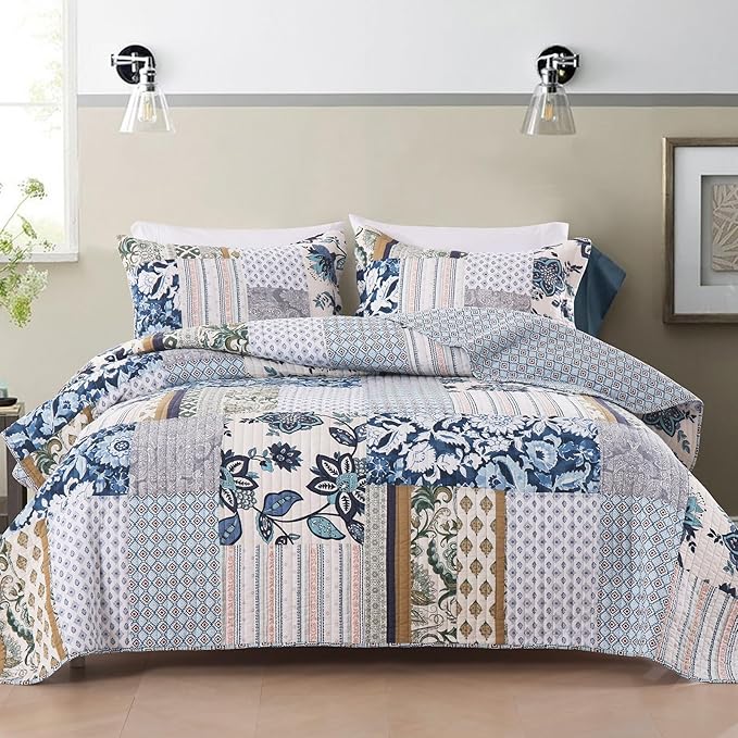 Yvooxny King Quilt Set Reversible Quilted Bedspread 3-Piece Lightweight Floral Real Patchwork Coverlet Bedding Set with Pillowcases for All Seasons, 108 * 96 Inches