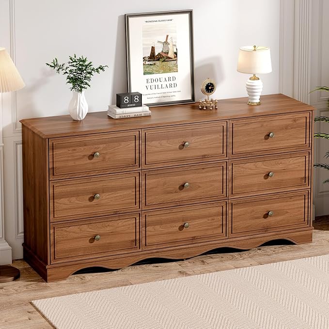 9 Drawer Dresser,63" Wide Mid Century Chest of Drawers,Wooden Bedroom Drawer Dresser with 9 Storage Drawers for Bedroom,Living Room,with Anti-Tipping Device,Umber.