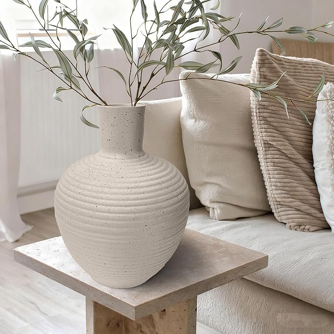 Oakrain Large Flower Vase with Groove Texture, 17" Tall Floor Vase, Narrow-Mouth Handcrafted Decorative Centerpiece for Modern Home Decor