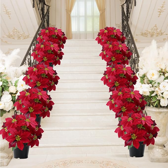 Poinsettia Artificial Red Christmas Flowers 14Inch Faux Poinsettia Plant Winter Flowers for Indoor Outdoor Xmas Ornament Porch Home Garden Decorations
