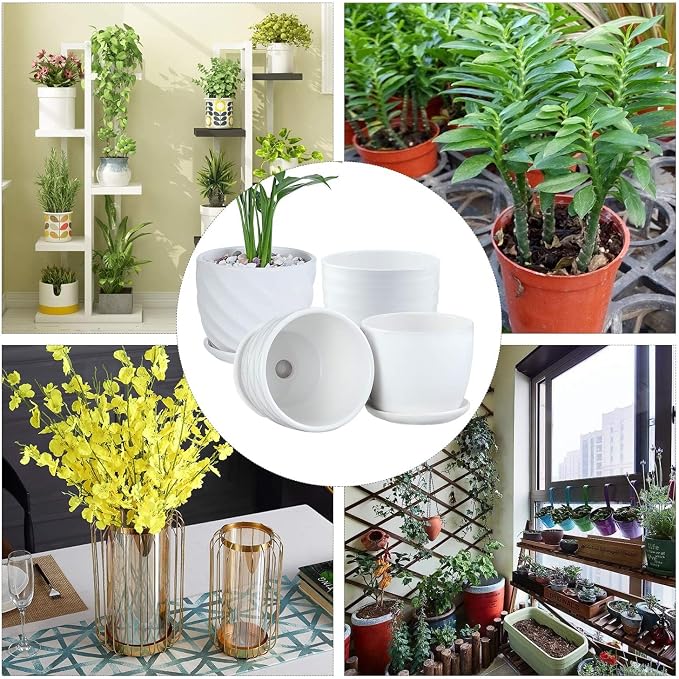 sietpoek Plant Pots - 4.7 Inch Cylinder Ceramic Planters with Connected Saucer, Pots for Succuelnt and Little Snake Plants, Set of 4, White