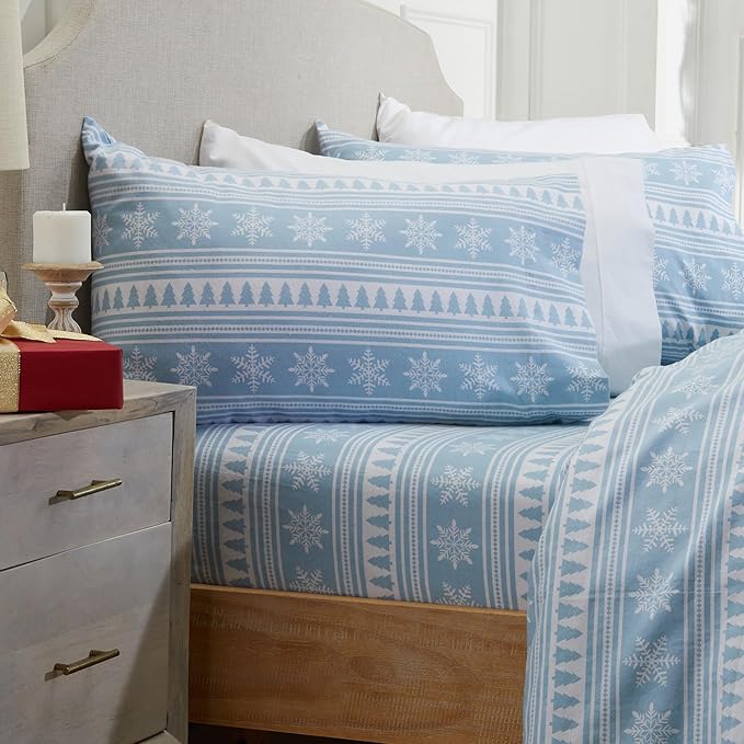 Market & Place 100% Cotton Twin Flannel Sheet Set | 3 Piece Deep Pocket Novelty Cozy Winter Bed Sheets | Double Brushed for Extra Softness & Comfort | Alpine Collection (Twin, Striped Snowflake)