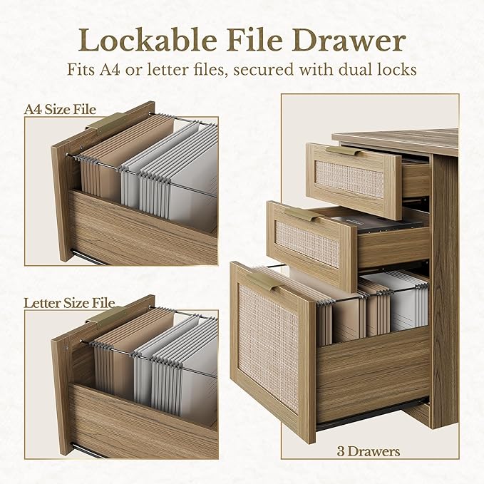 63 Inches L Shaped Standing Desk, Executive Standing Desk with Drawers and File Cabinet, AC/USB, 1.18" Desktop, Multi-Sized Storage Cubby, Privacy Panel, Rattan Computer Desk, Natural Oak