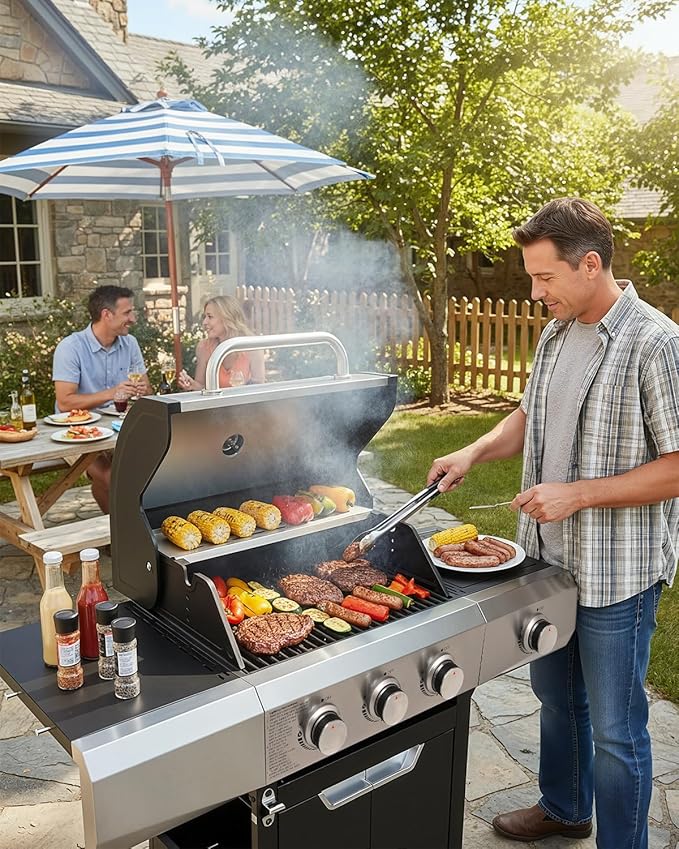 EUHOME 40,500 BTU 3-Burner Propane Gas Grill with Side Burner,Stainless Steel Outdoor BBQ Grill Portable with Wheels and Cast Iron Grates for Patio Garden Barbecue Cooking