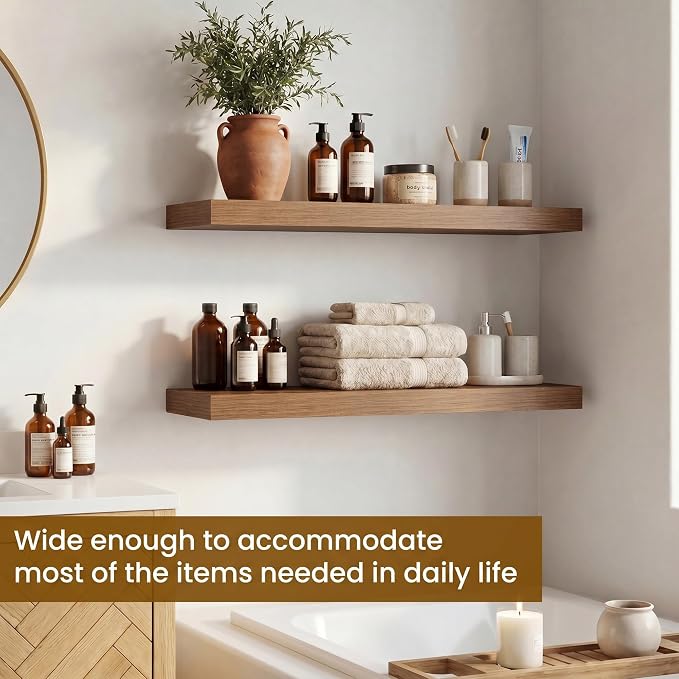 Dreamland Floating Shelves, Rustic Wooden Black Wall Shelves for Bathroom|Bedroom|Kitchen, Deep Wall Mounted Book Shelf, Wood Storage Display Shelf for Home Decor, 22.5" X 6.7" Set of 2