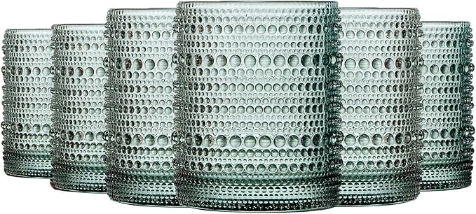 Sage Green Hobnail Drinking Tumbler | Set of 6 | 11 OZ Bubble Design Vintage Glassware, Beverage Glasses Bubble Water, Wine, Old Fashioned Cocktail, Whiskey Rocks Glass Cup, Elegant Glassware Gifts