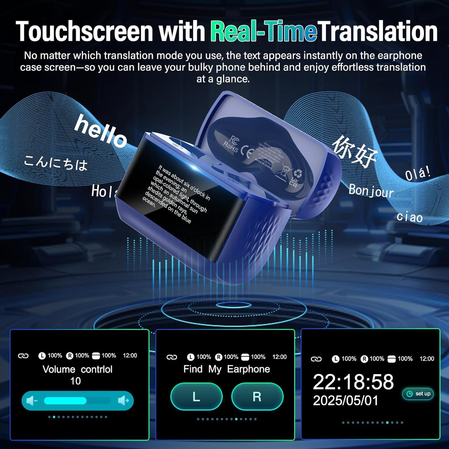 Skiennix AI Translation Earbuds - Real-Time 164 Languages Translator with 7 Modes | 48H Battery Life, Touch Screen & App, Blue
