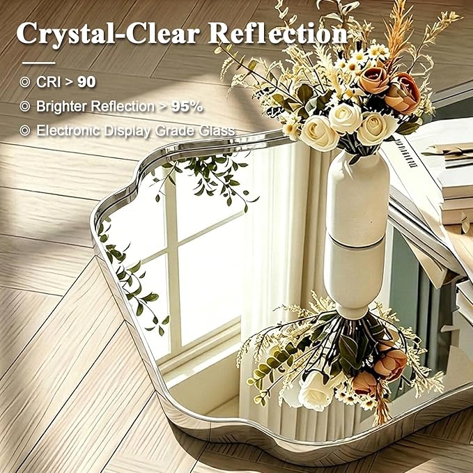 ANDY STAR Chrome Bathroom Mirror 24x36 Inches, Modern Scalloped Wall Mirror with Distinctive Notched Edge Stainless Steel Frame for Hallway, Lounge and Vanity Area