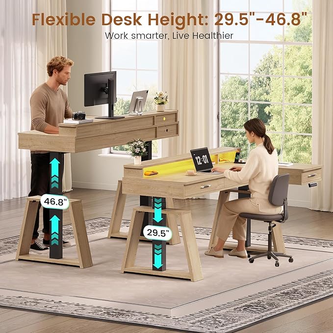SEDETA 59 Inch L Shaped Electric Standing Desk with Drawers, Executive Adjustable Desk with Power Outlets, Monitor Stand, Sit Stand Computer Table for Home Office, Oak