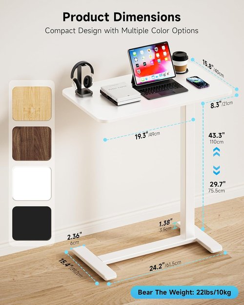 BIZUM Adjustable Bedside Table - Mobile Rolling Desk with Swivel Wheels & Cup Holder | 27.6"x15.8" White