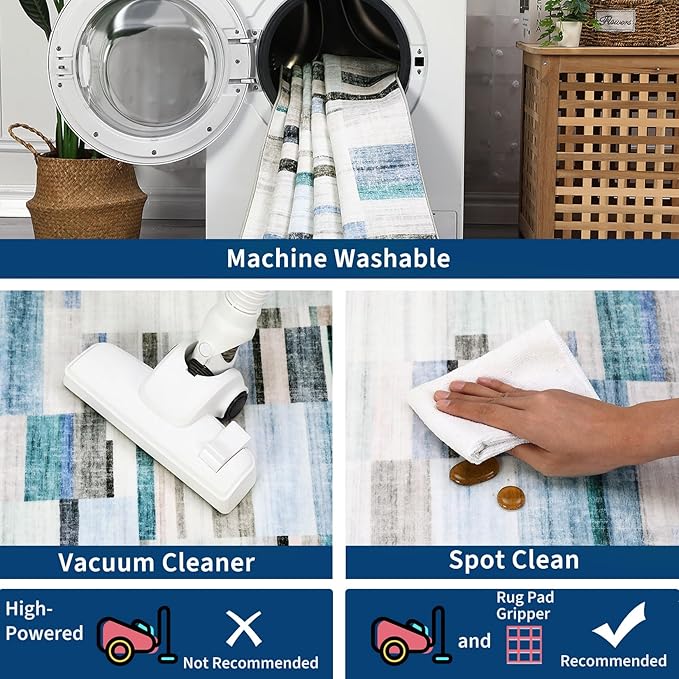 Washable Rug Runners for Hallways Non Slip 2x6 Modern Geometric Kitchen Rugs Farmhouse Entryway Rug Soft Bathroom Rugs Stain Resistant Carpet for Laundry Bedroom 2'x6' Blue