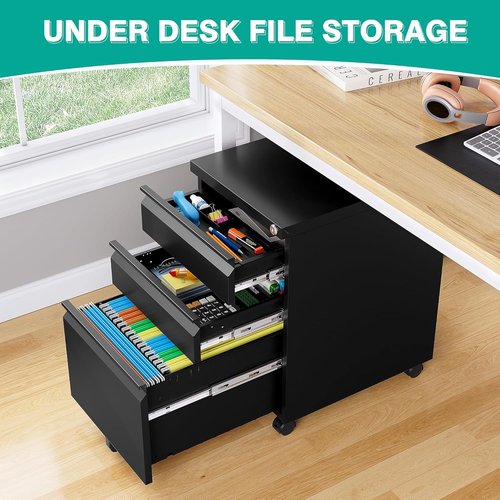 Regine Switzerland 3 Drawer File Cabinet - Lockable Rolling Metal Filing Cabinet for Home Office | Black, A4/Letter/Legal Size
